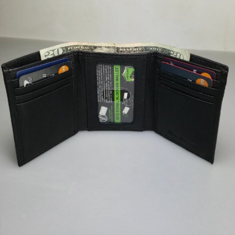 Men's Genuine Leather RFID Blocking Trifold Black Wallet NEW in Box